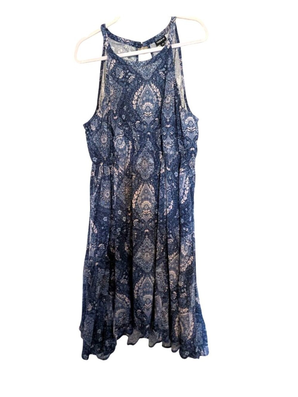 Torrid Blue Bandana Floral Paisley Midi Challis High Neck Hanky Hem Dress 3X